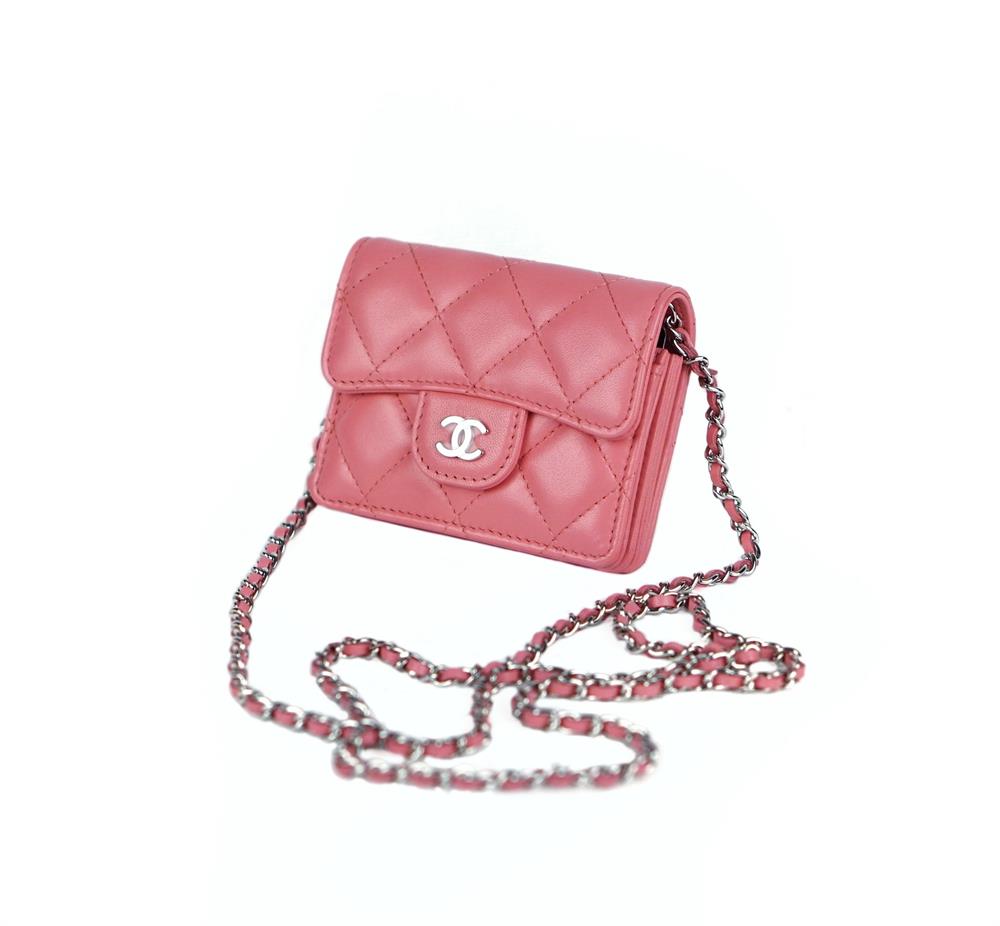 UMHÄNGETASCHE - CHANEL CLASSIC FLAP CARD HOLDER WITH CHAIN LIGHT PINK