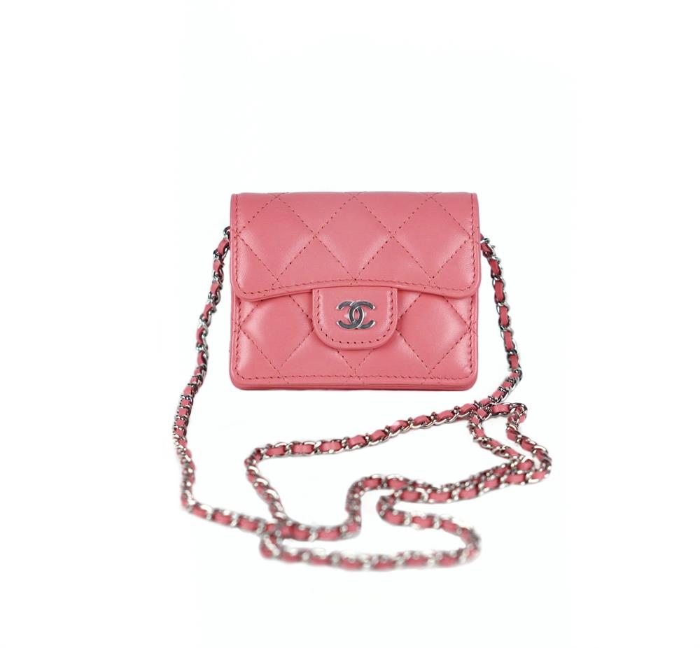 UMHÄNGETASCHE - CHANEL CLASSIC FLAP CARD HOLDER WITH CHAIN LIGHT PINK